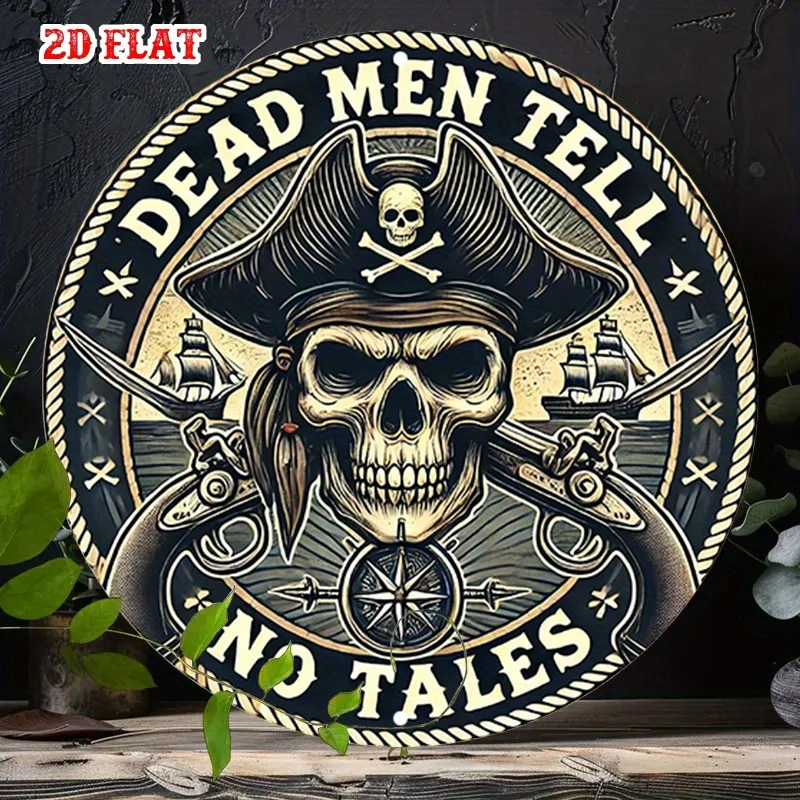 Letrero artístico de pared de metal redondo con temática pirata vintage plano 2D, calavera y tibias cruzadas con bandera de Jolly Roger, hombres muertos no y Trea, 1 ud.