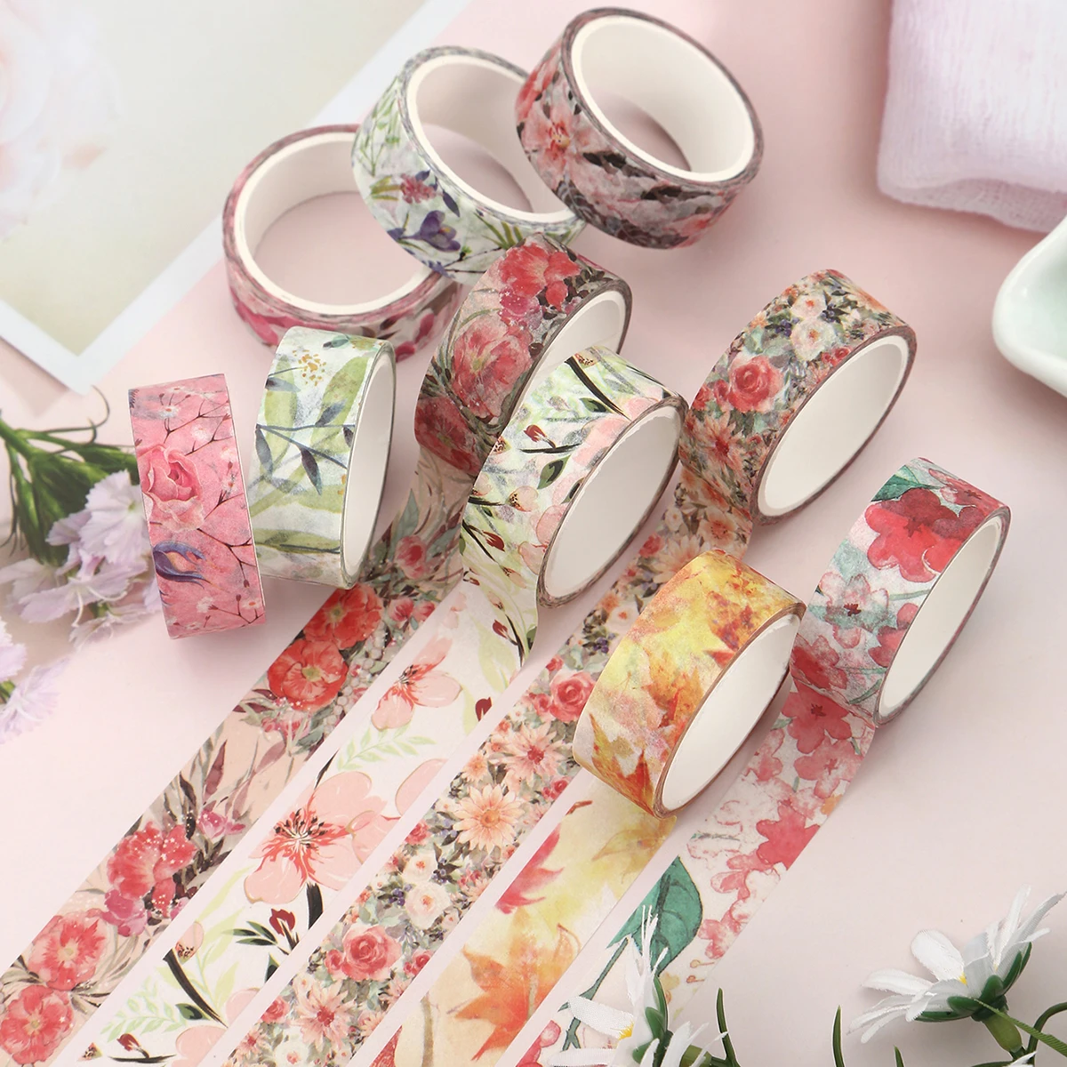 10 rouleaux de ruban adhésif à motifs de plantes et de fleurs, adapté à la décoration de scrapbook DIY, exquis et à la mode
