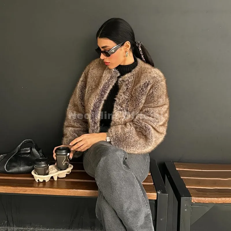 Neo mint 2025 outono curto eco jaqueta de pele de raposa feminina marca icônica moda recortada casaco de pele do falso rua meninas casaco fofo