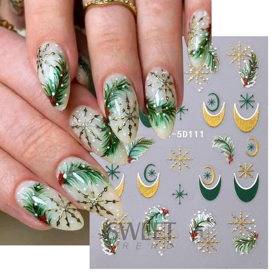 Colorful Christmas Light Glitter Nail Embossed Stickers 5D Silver Powder Xmas Tree Snowflakes Cotton Design 2023 Winter Manicure