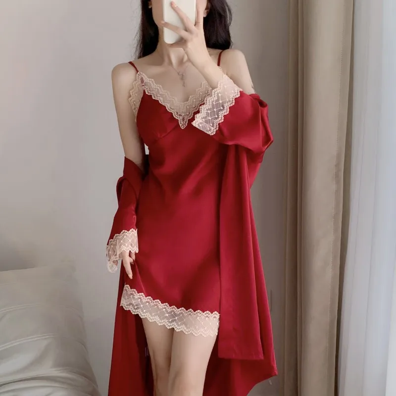 Summer New Robe Set Silk Satin Lingerie Women Sleepwear Lace Flower Nightwear Nightgonw Sexy Slip Home Dress Kimono Bath Gown