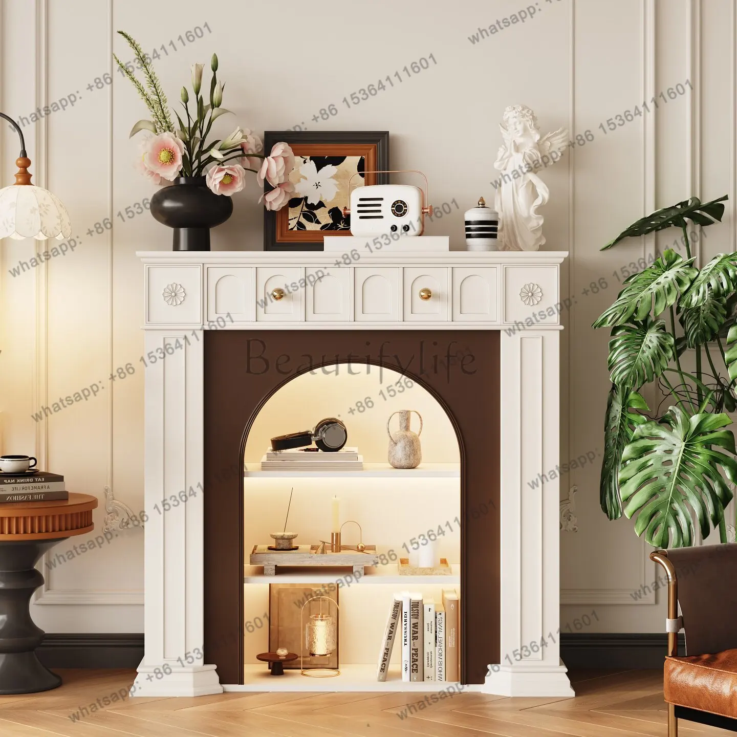 French retro fireplace cabinet solid wood decoration simulation fire fireplace cabinet can be customized