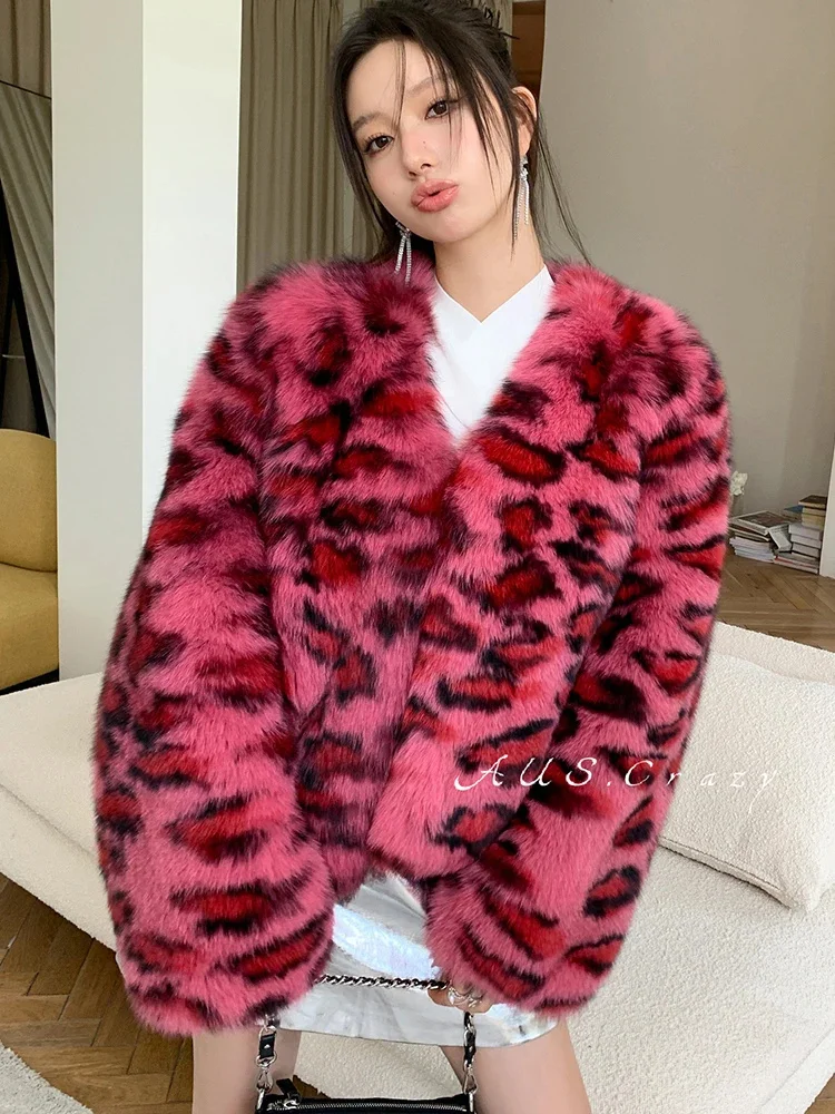 

Leopard Pink Real Fox Fur Coat Women Short Fashion High Quality Streetwear Winter Jacket winterjas dames