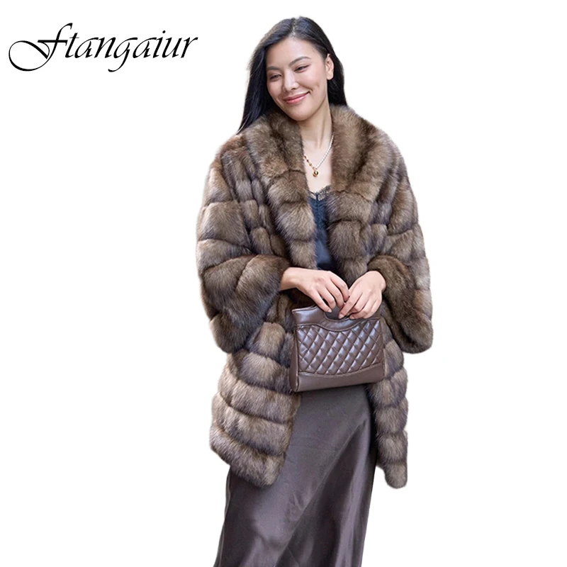 Ftangaiur Winter Import Luxury Russian Sable Fur Coat Turn-Down Collar Sable Coat Women New Medium Natural Real Sable Fur Coats