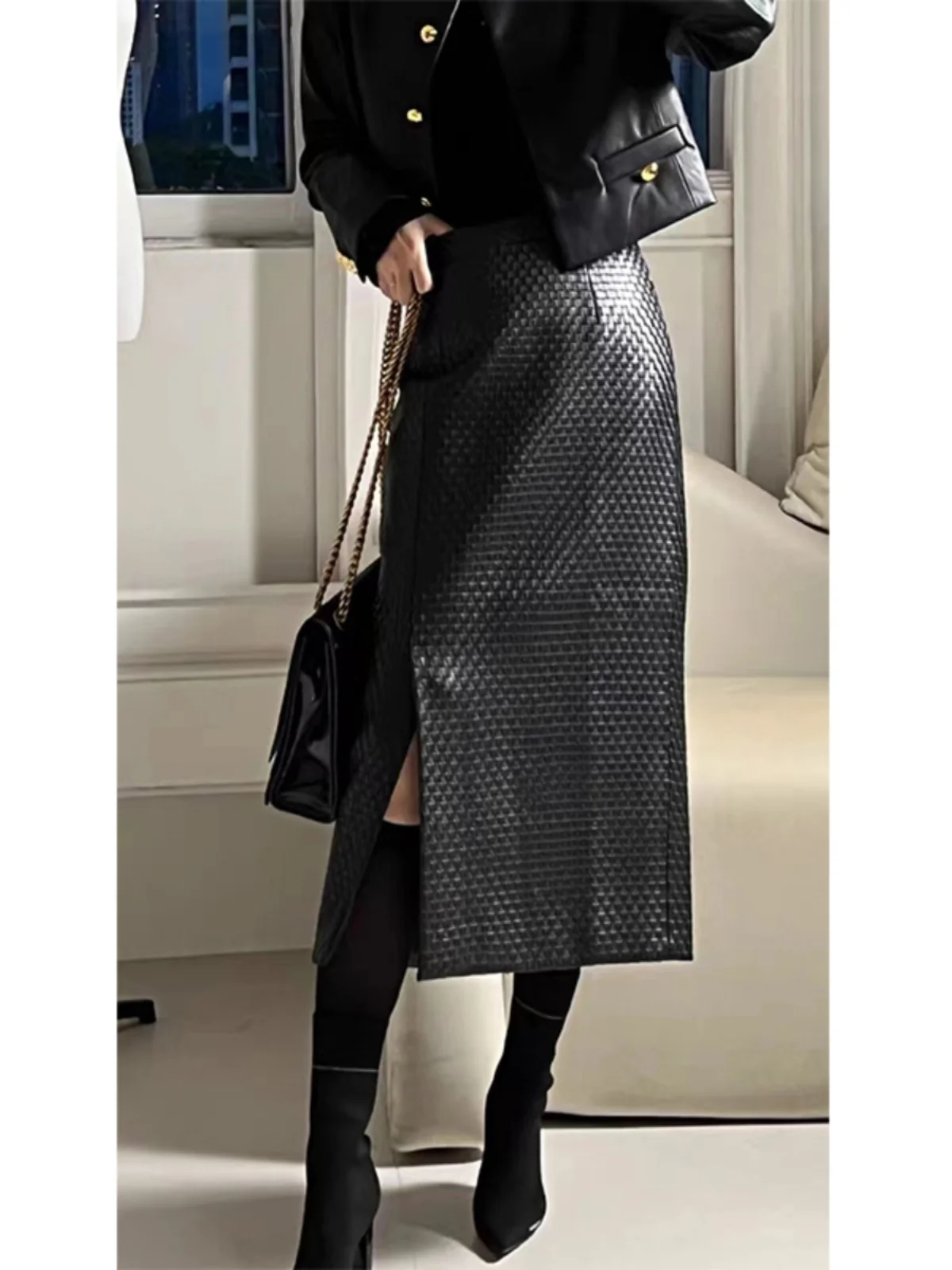 

Handwoven Genuine eepskin Skirt High Waist Straight Cut Faionable Retro Sle Women's Autumn Winter Leather Skirt