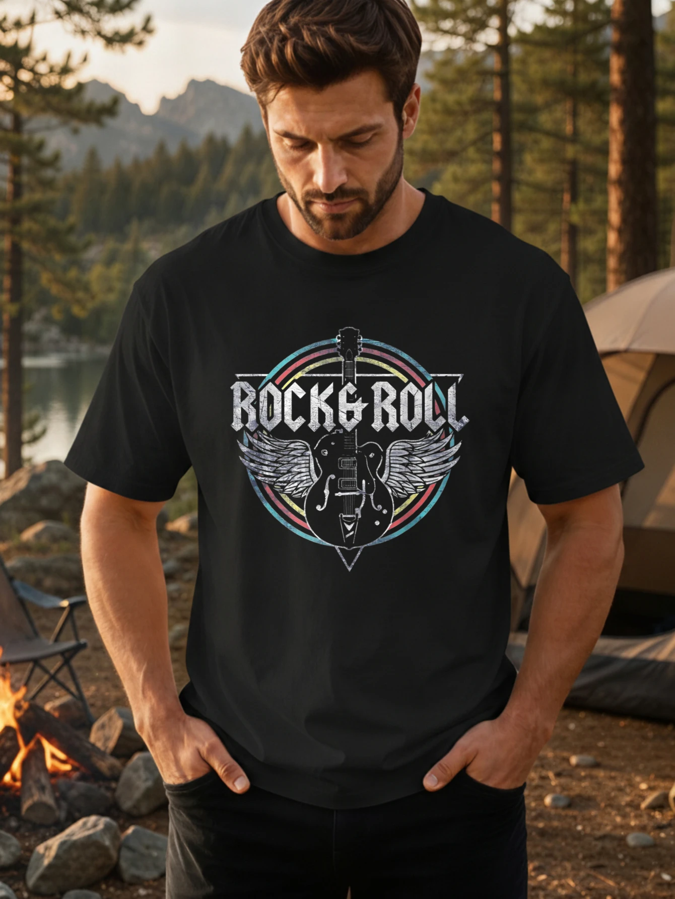 1PC JOOCAR Rock And Roll Winged Guitar Rainbow Circle Design T-shirt décontracté en coton pour toutes les saisons, col rond, manches courtes extensibles et respirantes, haut streetwear à imprimé lettres tendance, choix de cadeau idéal pour les vacances
