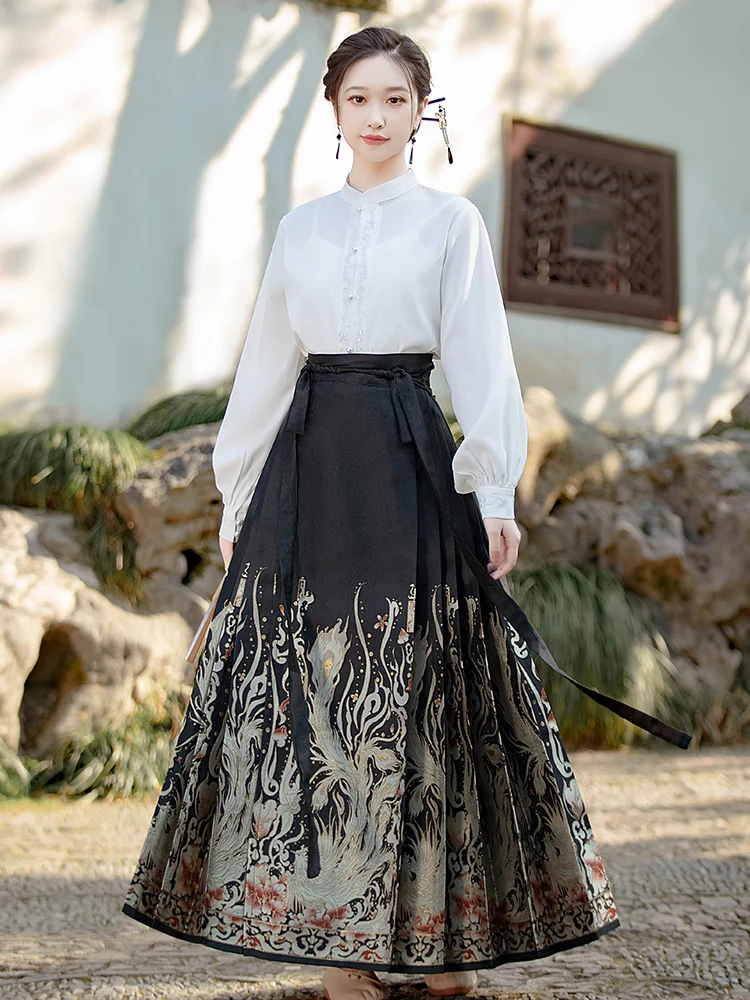 

Оригинальная женская плиссированная юбка TangQin с тяжелой вышивкой в виде феникса, в стиле ханьфу, для повседневной носки, новый китайский традиционный костюм
