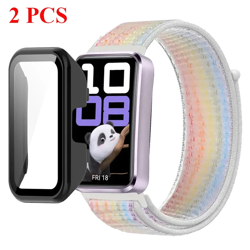Funda de PC + correa de nailon para Huawei Band 10, pulsera deportiva transpirable para Huawei Band 9 8, funda protectora de vidrio templado HD
