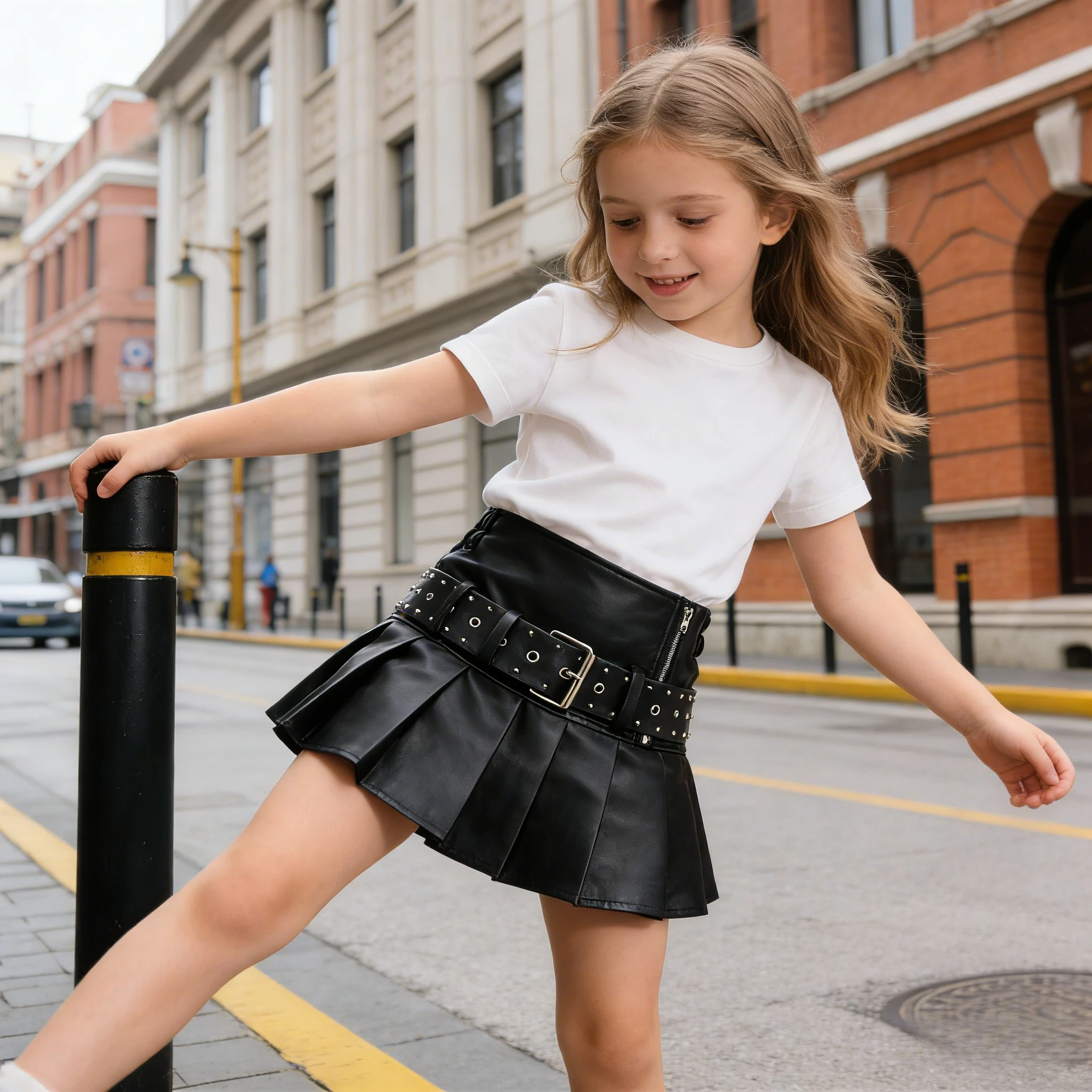 

Girls PU Leather Skirt High Waist Pleated Skater Skirt Kids Short Mini A-Line Skirt Goth Streetwear Child Spring School Outfits