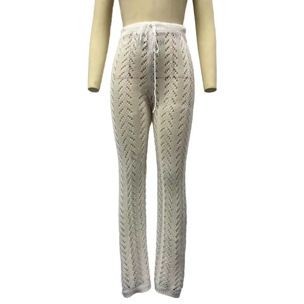 

Perspective Swimsuit Cover Up Pants High Waist Adjustable Drawstring Solid Color Crochet Knitting Long Trousers