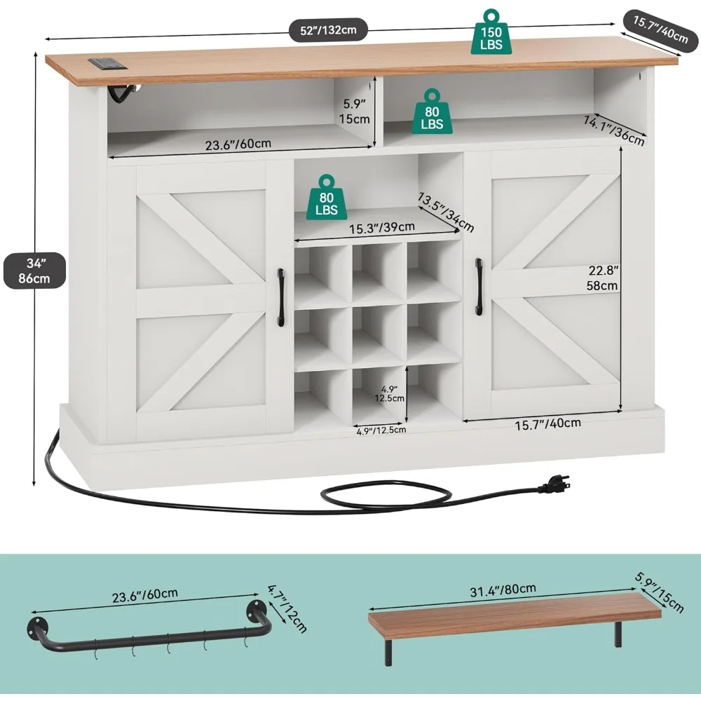 Credenza da buffet da 52 pollici con ante della fienile, mobile da bar con ripiani galleggianti e presa di corrente, bar ca