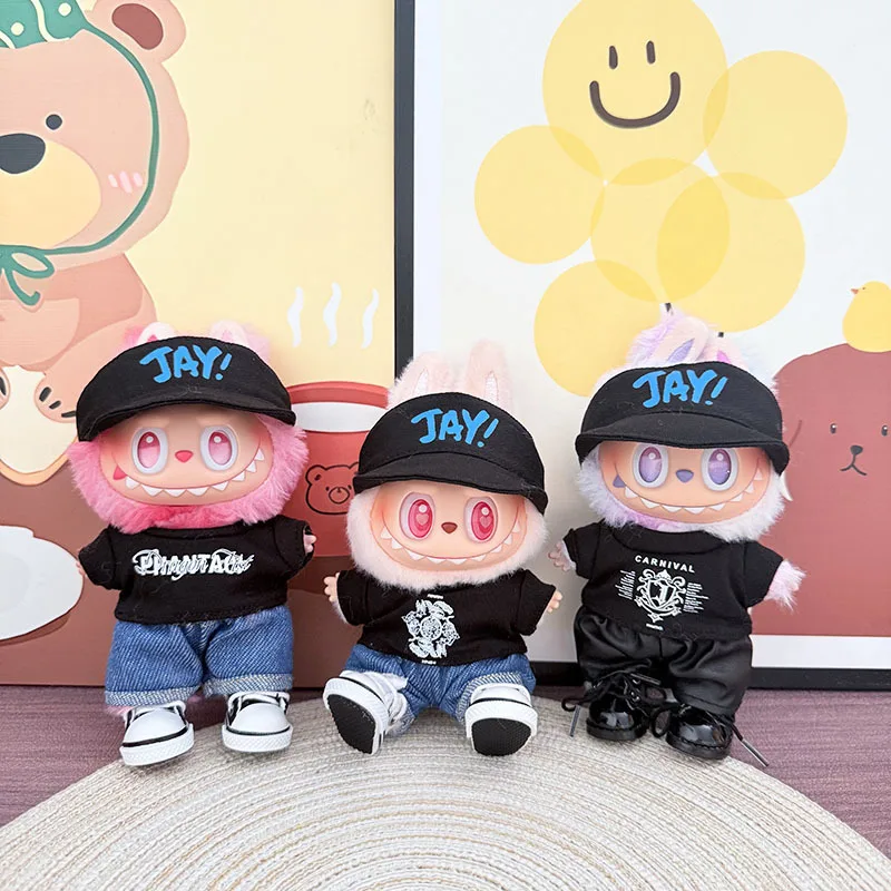 

Clothes For LABUBU 15/17cm 1st-3rd Gen Doll Costumes Concert Cheer Outfits Black T-Shirt Jeans With Hat Canvas Shoes Set