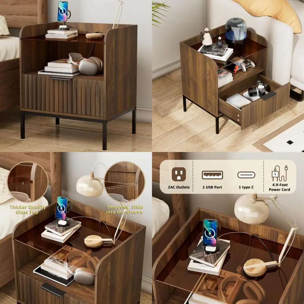 

Mid Century Modern Nightstand with Charging Station, Fluted Design, Glass Top Bedside Table, Metal Legs, Wooden End Table