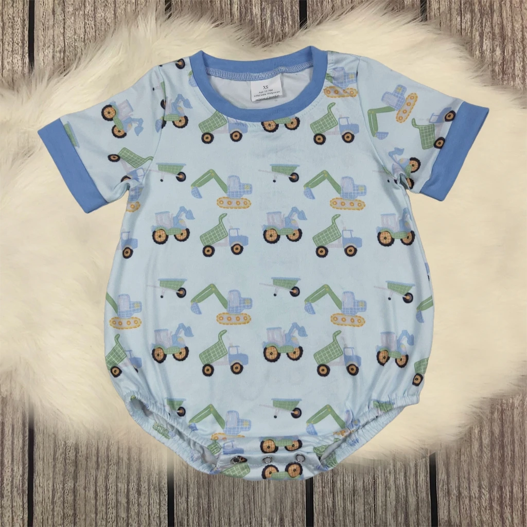 

Kids One-piece Jumpsuit Newborn Coverall Toddler Summer Romper Bodysuit Baby Boy Short Sleeves Blue Excavators Plaid Playsuit