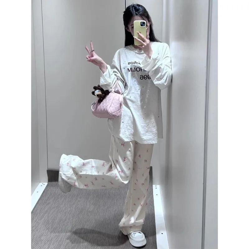 

Womens Straight Leg High Waist Loose Jeans Autumn Winter Sweet Girl Style White Floral Print Wide Leg Pants With Drooping Sense