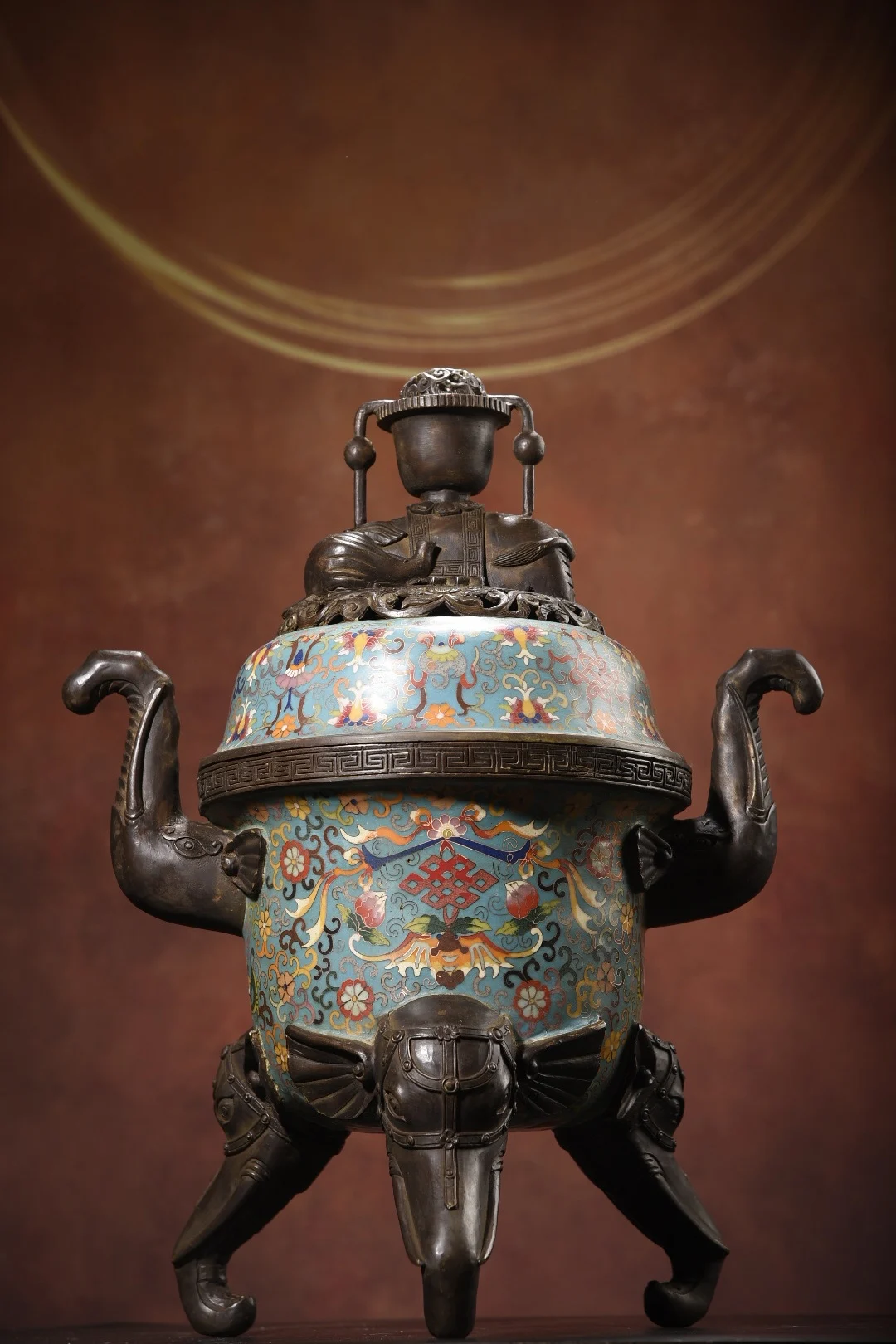 

20"Tibetan Temple Collection Old Bronze Cloisonne Eight Treasures Elephant trunk Ear Three-legged Incense burner Town House