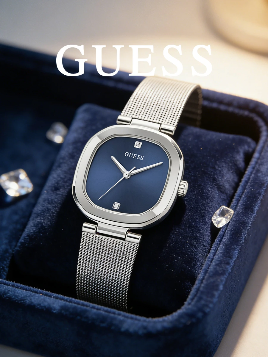 Guess Women’s Analog Watch, Silver Mesh Bracelet Blue Sunray Dial Genuine Diamond GW0768L1
