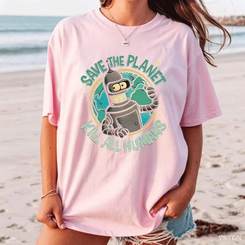 Funny Save The Planet Kill All Humans Robot Graphic Print T Shirt Women Fashion Summer Short Sleeve T-shirt Clothing Tops