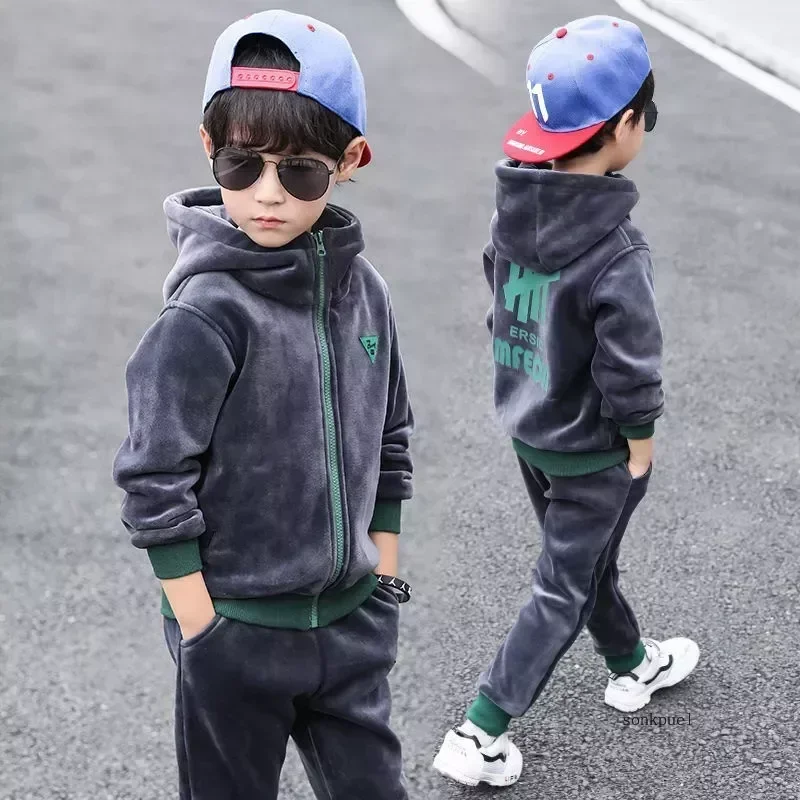 2PCS Children Clothing Set Double-sided Velvet Fashion Letter Hoodies Coat +Pants Kids Boys Tracksuit for Autumn Winter