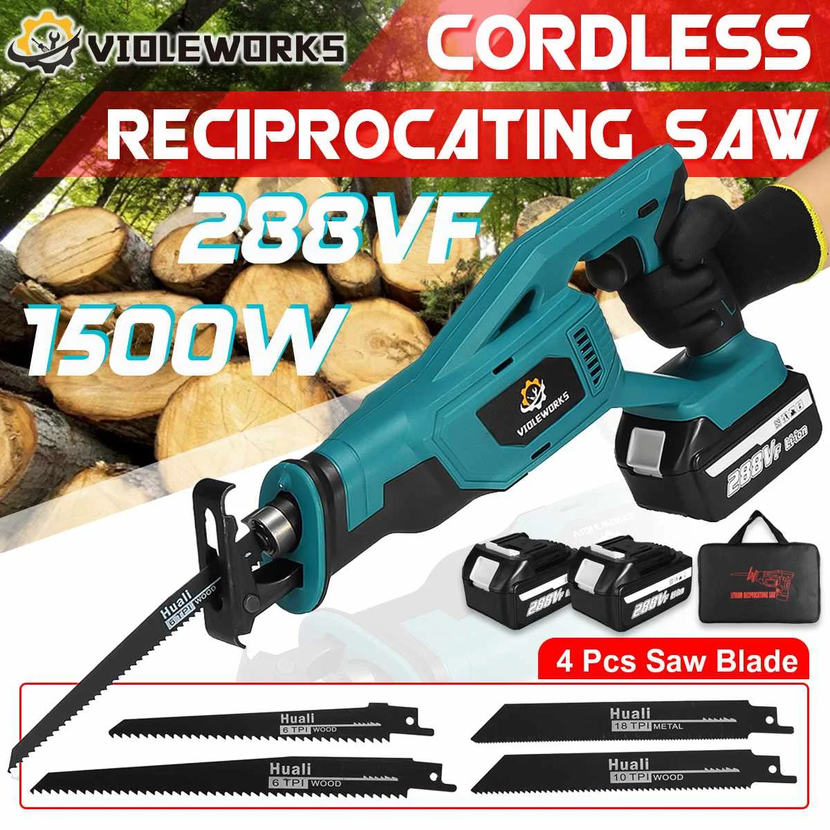 

1500W 288VF Cordless Reciprocating Saw Electric Saw 1/2PC Li-ion Battery Blades Metal Wood Cutting Tool For Makita 18V Battery