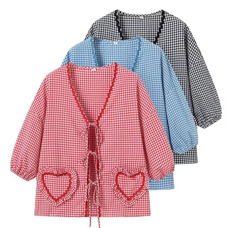 

YENKYE Love Heart Pattern Lace Up Plaid Shirt Women Vintage Short Puff Sleeve V Neck Blouse Female Casual Loose Summer Tops