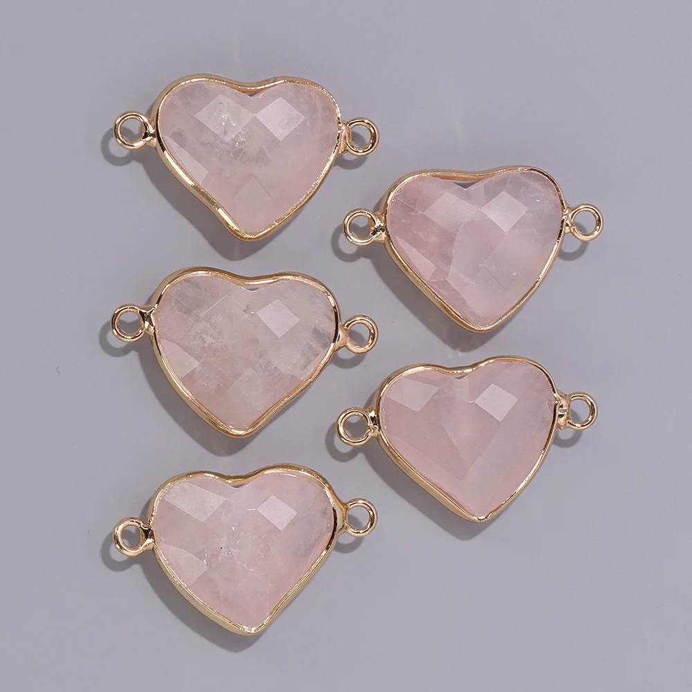 Connecteur de pierre de coeur de quartz rose naturel, jaunes d'atterrissage Harvey, opale double trou, pendentif pour bijoux, bracelet de bricolage exécutif, 2 pièces