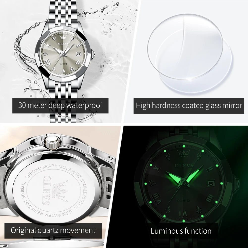 OLEVS, relojes elegantes a la moda para mujer, reloj de cuarzo Original de marca de lujo para mujer, resistente al agua, fecha luminosa de acero inoxidable