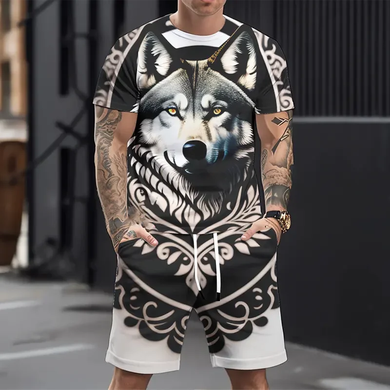 2025 Latest Men's Daily Leisure Sports Set Fashion Printed 3D Wolf Pattern T-shirt Shorts Set Summer Leisure Breathable