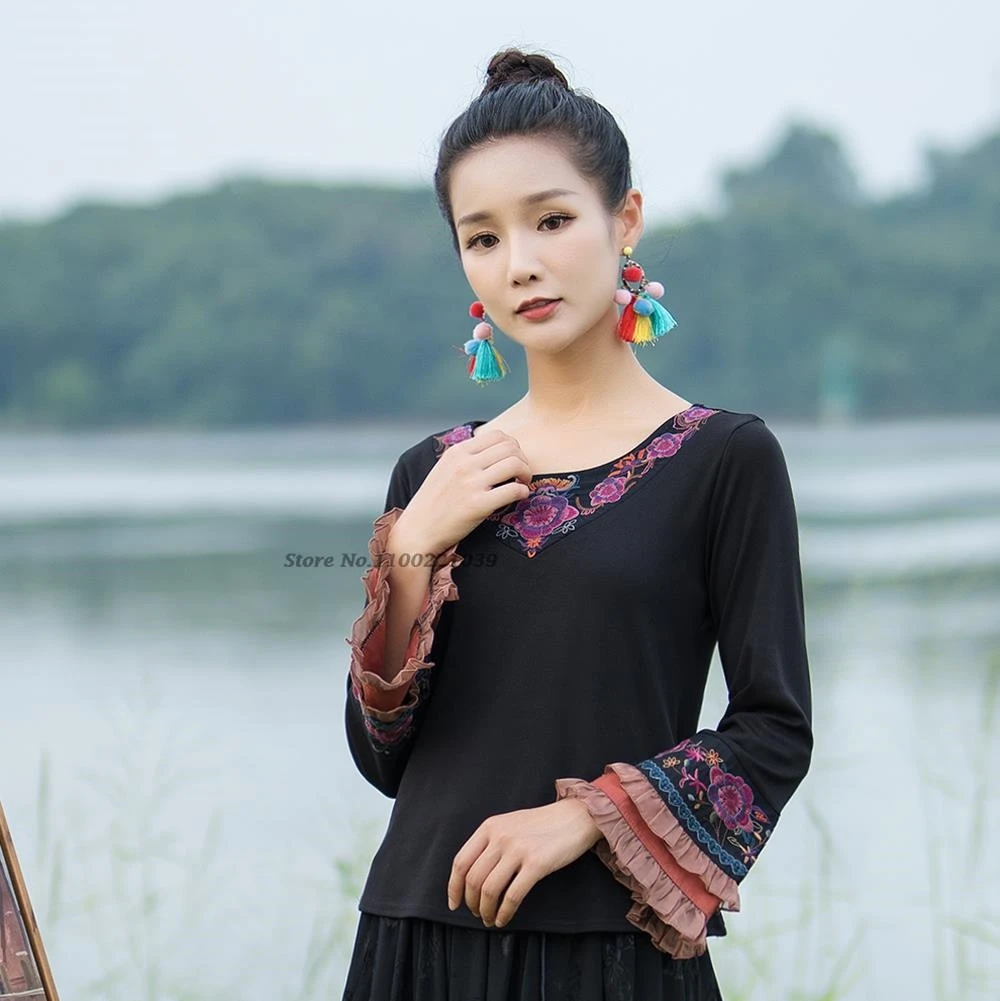 2025 национальная цветочная вышивка с круглым вырезом, народная рубашка, ретро топы ханьфу, женская винтажная рубашка в этническом стиле, традиционная этническая футболка