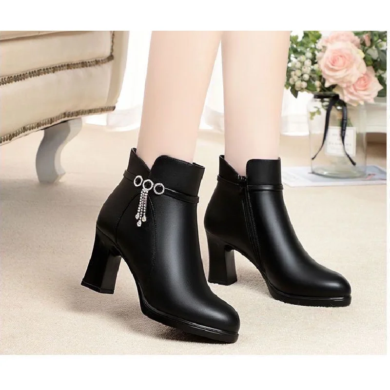 

2025 Winter New Arrival Women's High-Heel Commuting Boots - Crystal-Embellished Chunky Heel Thick-Sole Warm Cotton Shoes