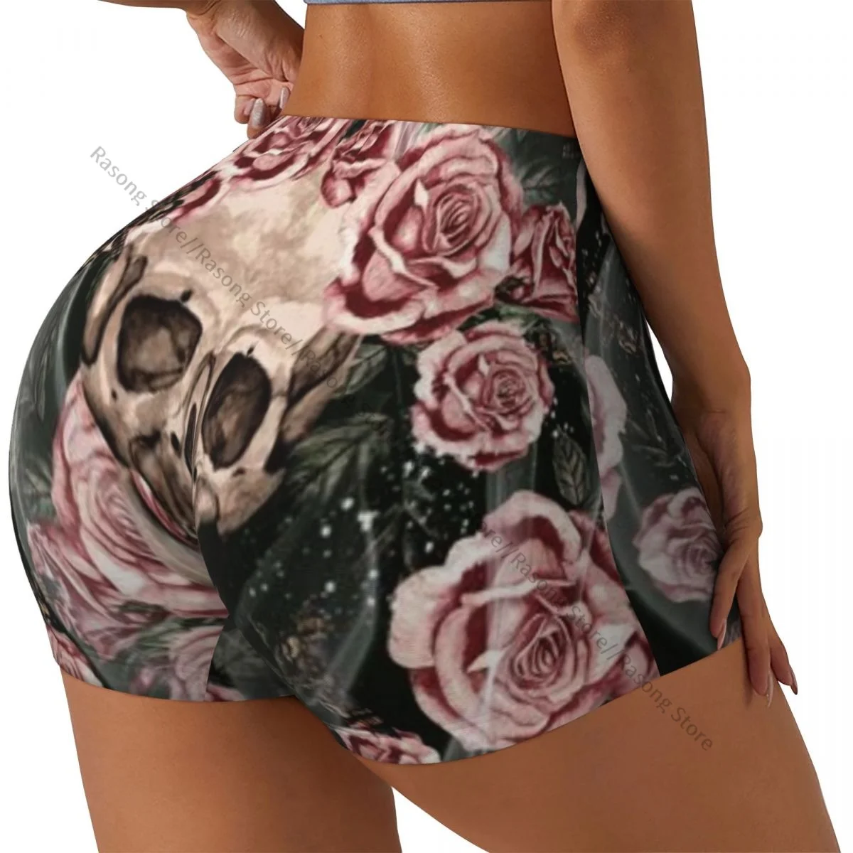 Yoga Shorts Watercolor Skulls And Roses Women Biker Tight Elastic Workout Sports Leggings Sportswear