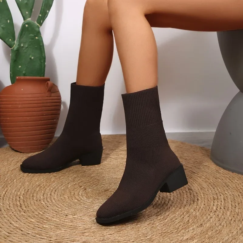 2026 Neue Einfarbige Damen-Strickstiefel bis zur Wadenmitte, Modische Stiefel mit Quadratischem Absatz, Elastische Stiefel für Herbst, Outdoor, Slip-on, Partyschuhe, Größe 43 – Detail 3