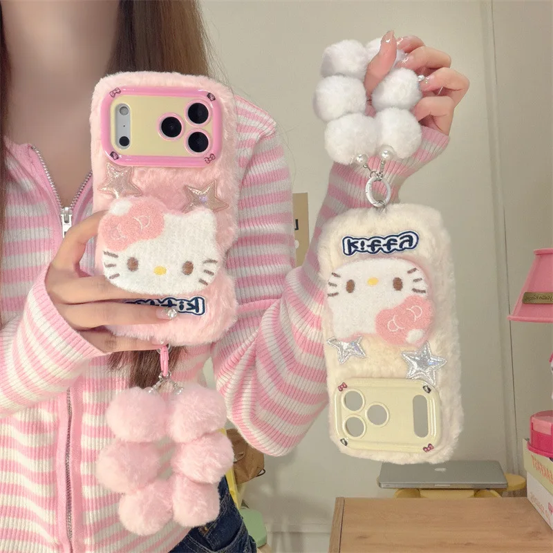 Custodia per telefono con supporto per fotocamera soffice in pelliccia 3D Hello Kitty carina per iPhone Air 11 13 14 12 15 16 17 Pro Max Custodia antiurto per braccialetto