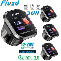 USB C Car Charger Socket 12V/24V Dual USB Socket PD3.0 and QC3.0 Car USB Port With LED Voltmeter and On/Off Switch