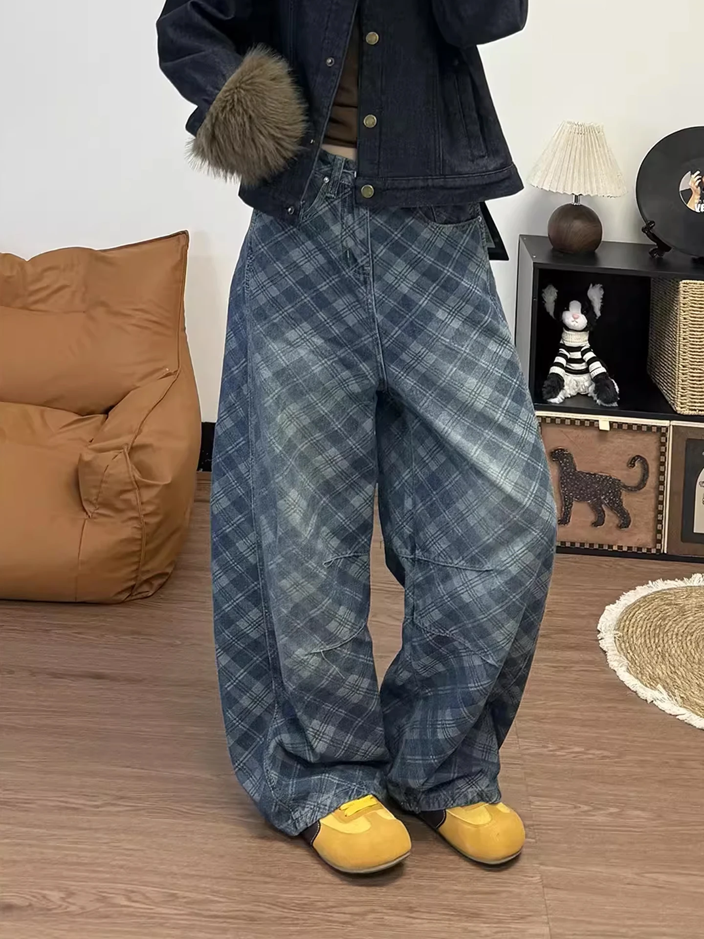 

Ретро Американские винтажные широкие джинсы Ches, свободные драпированные джинсы длиной до пола для мужчин и женщин, осень-зима, с высокой талией Strai...