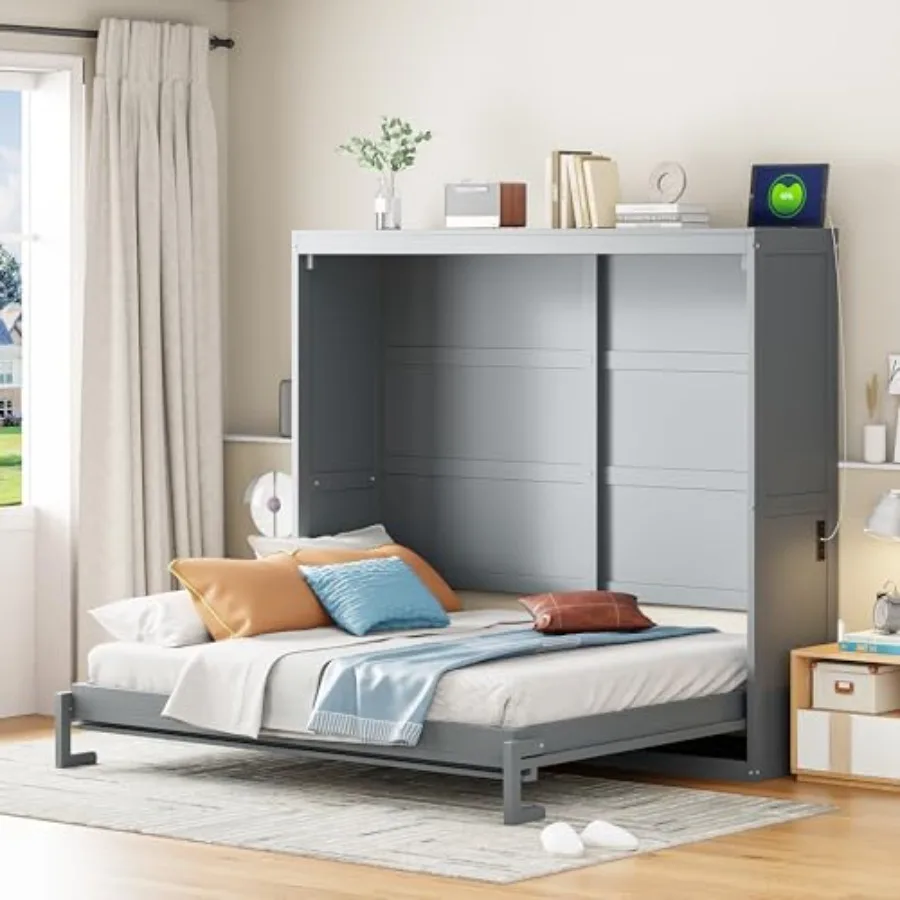 

Full Size Murphy Bed Cabinet, Rattan Wall Bed with Charging Station, Cube Cabinet Bed Frame for Small Apartments, Bedroom, Gues