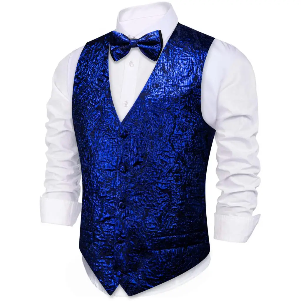 Designer Vest for Men Silk Shine Blue Solid Plain Waistcoat Bowtie Set Wedding Party Formal Sleeveless Jacket Barry Wang