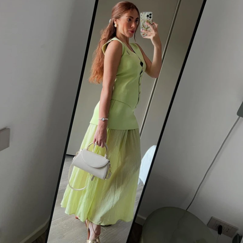 Hxao conjunto de saia verde feminino, duas peças, malha colheita, sem mangas, botão, top, colete, plissado, cintura alta, roupas de férias