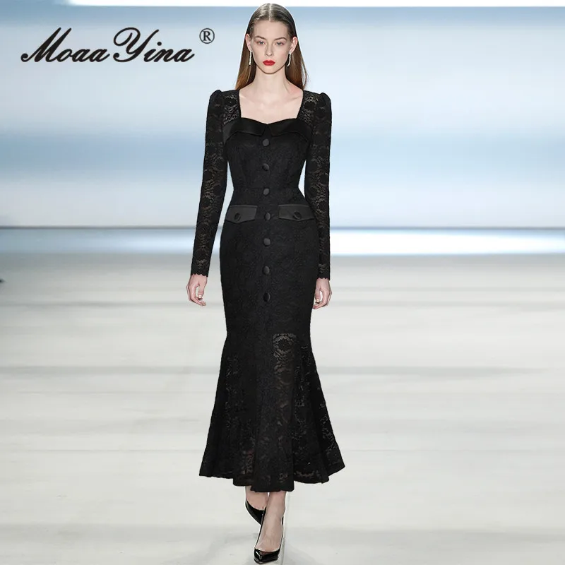 MoaaYina Summer Fashion Runway Black Vintage Mermaid Dress Women Square Collar Button High Waist Package Buttock Lace Long Dress