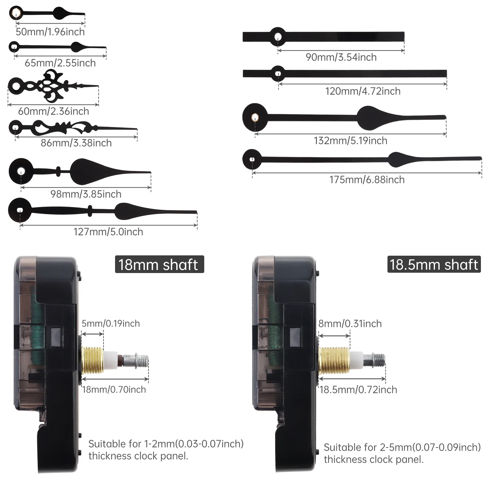 18 mm & 18.5 mm I-Shaft 12888 Quartz High-Torque Silent Wall Clock Movement Kit with 5 Pairs Black Hands