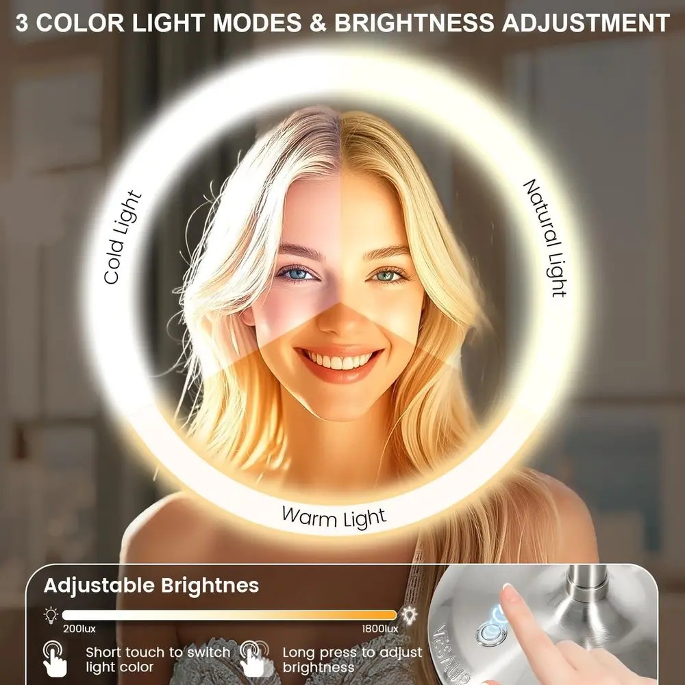 9 Miroir de maquillage éclairé par LED double face avec batterie 5000 mAh, 360 °   Rotation pour voyage, finition nickel perlé