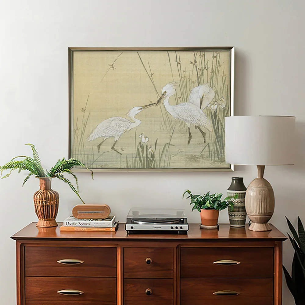 Egret Amongst Reeds Art Print Poster Japanese Watercolour Animal Bird Wall Picture Decor Canvas Painting