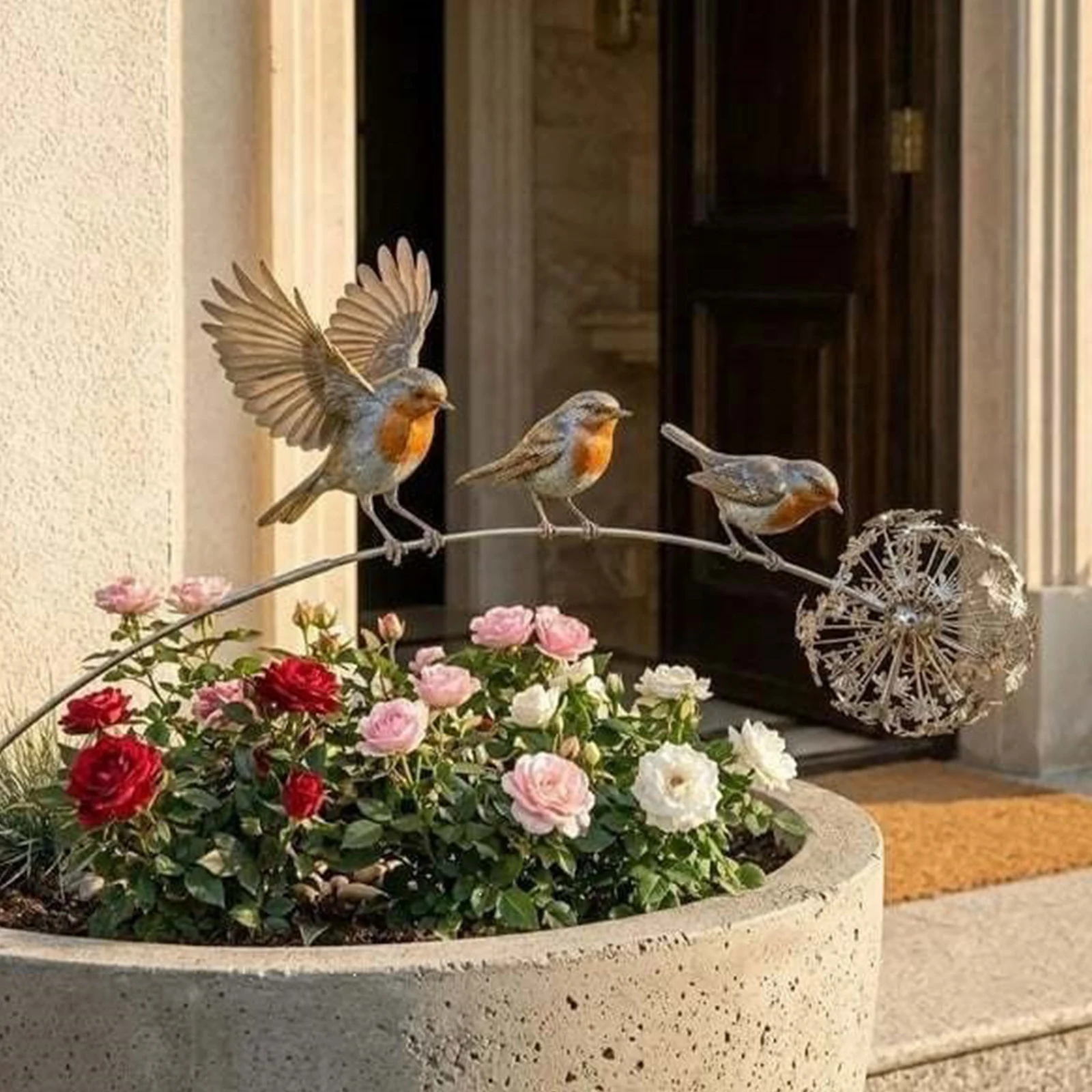 Iron Robin Garden Stake Dandelion Desigh Decorative Lawn Ornaments Beautiful Statue Figurines for Lawn Patio Flower Bed Walkway