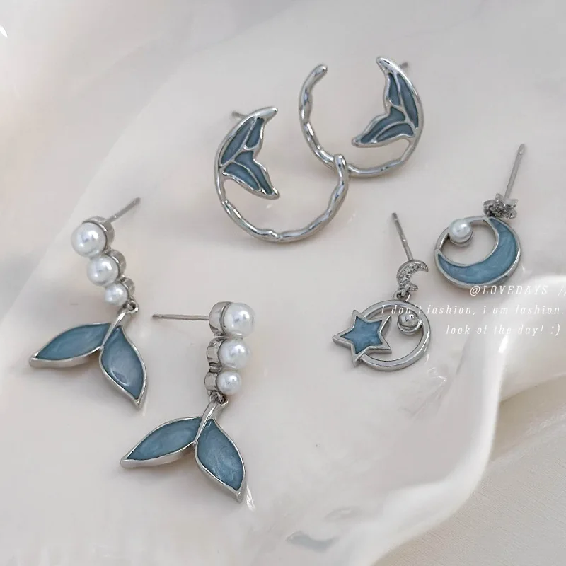 Light Blue Star Moon Pearl Earrings Delicate Asymmetric Design Elegant Pearl Decoration for Daily Dating Party Ear Accessories