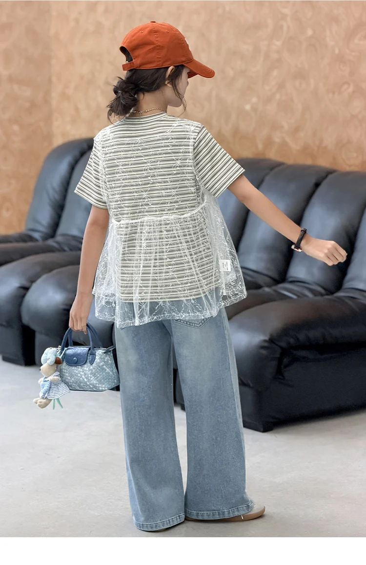 Kinderkleidung Mädchen Sommer 2026 Gestreiftes T-Shirt mit Netzweste und Schleife Strass Weite Jeans Süß Niedlich – Detail 8