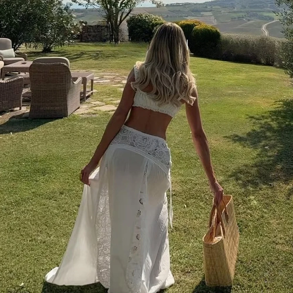 Oligai Holiday Beachwear Boho 2 Piece Outfits Y2k Vintage Lace Square Neck Tie Up Ruched Crop Tank Top + Maxi Skirt Set view 6