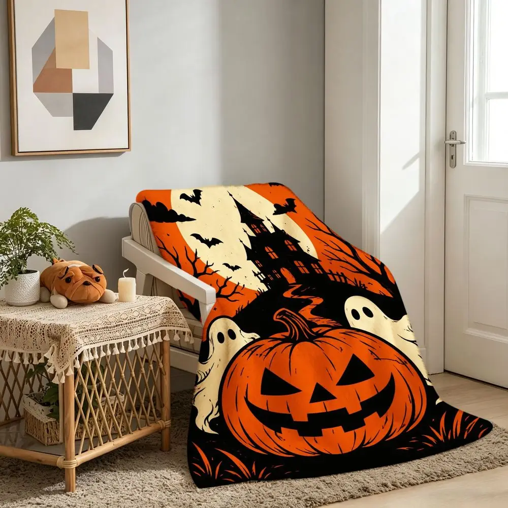 Halloween Blanket Orange Black Pumpkin Ghost Haunted House Moon Bat Comfortable Soft Flannel Blanket Sofa Living Room Travel Camping Gift Autumn Halloween Decoration