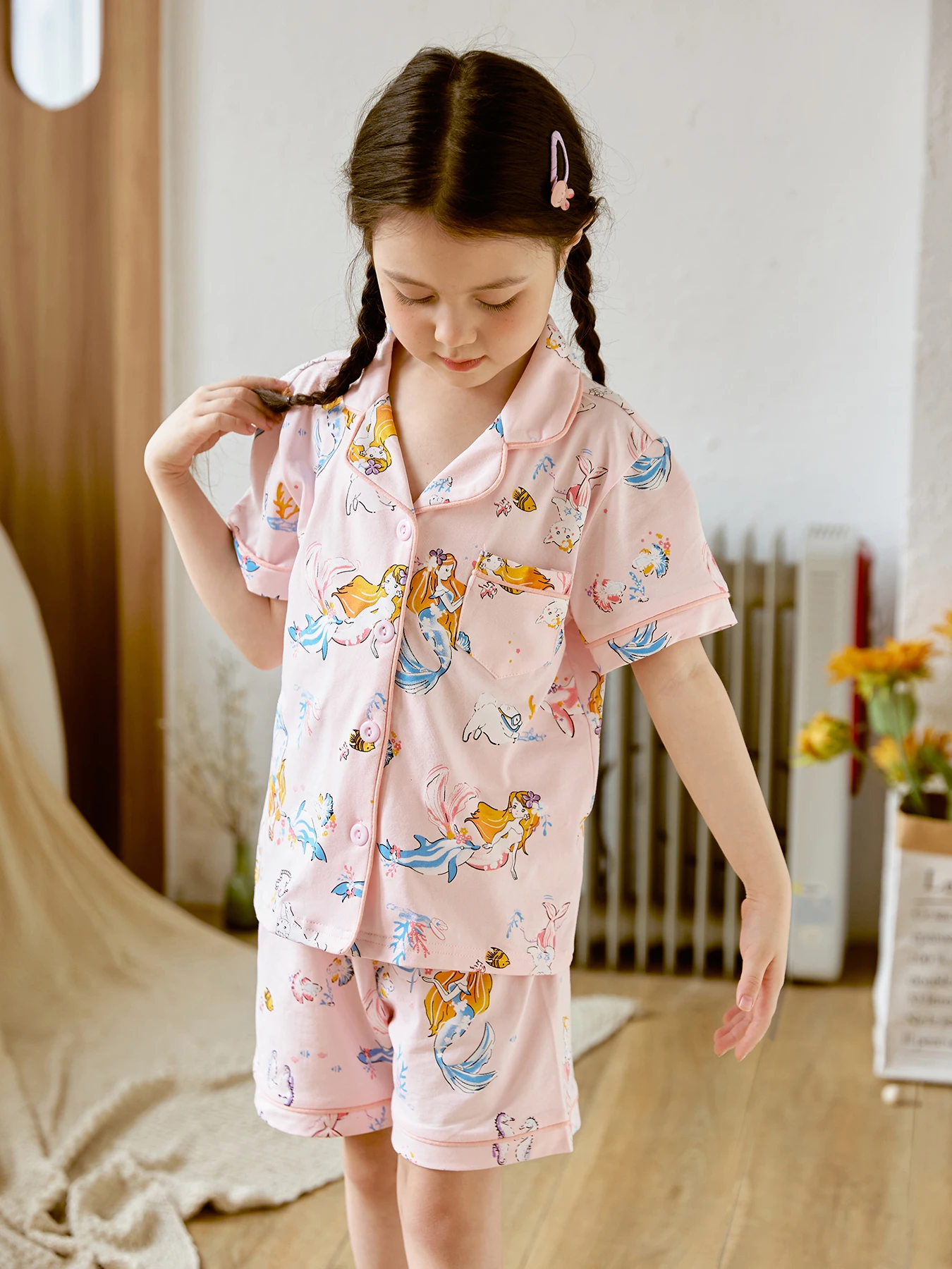 Girls 2-piece Pajama Sets Allover Cartoon Dancing Girl Pattern Lapel Front Buckle Chest Pocket Short Sleeve Top & Matching Short