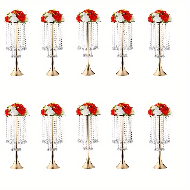 

Hotel hall Set Of 10pcs Crystal Flower Stand Gold Centerpieces Tall Metal Flower Arrangement Vase For Wedding Party Dinner Event