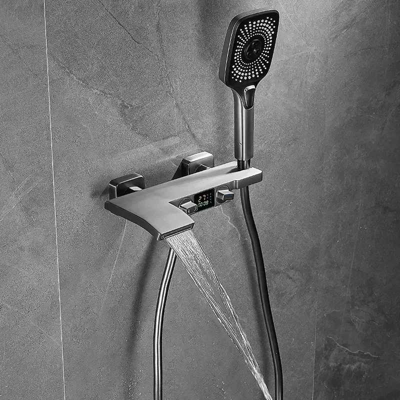 

Black Bath and Shower Faucet Set Wall Mounted LED Digital Display Gray Waterfall Shower Mixer Bathroom Taps Brass